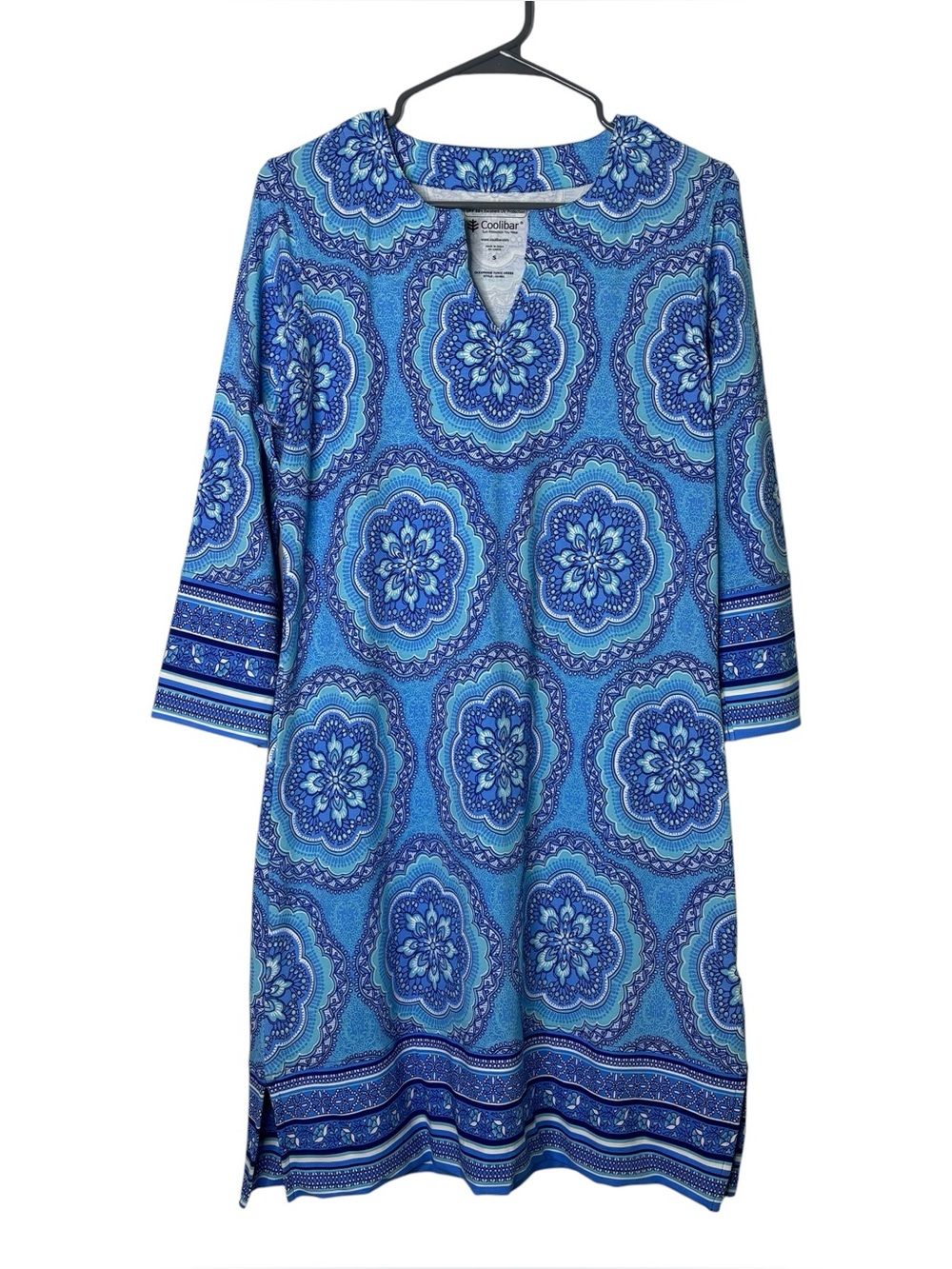 Coolibar UPF 50+ Blue Oceanside Tunic Dress Small Coastal Bohemian 3/4 Sleeve